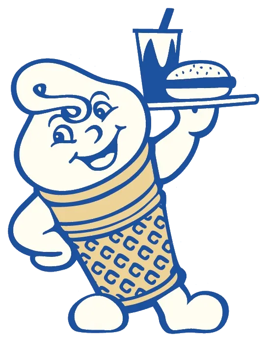 The Fosters Freeze mascot — a cheerful soft-serve cone character holding a tray with a burger and drink.