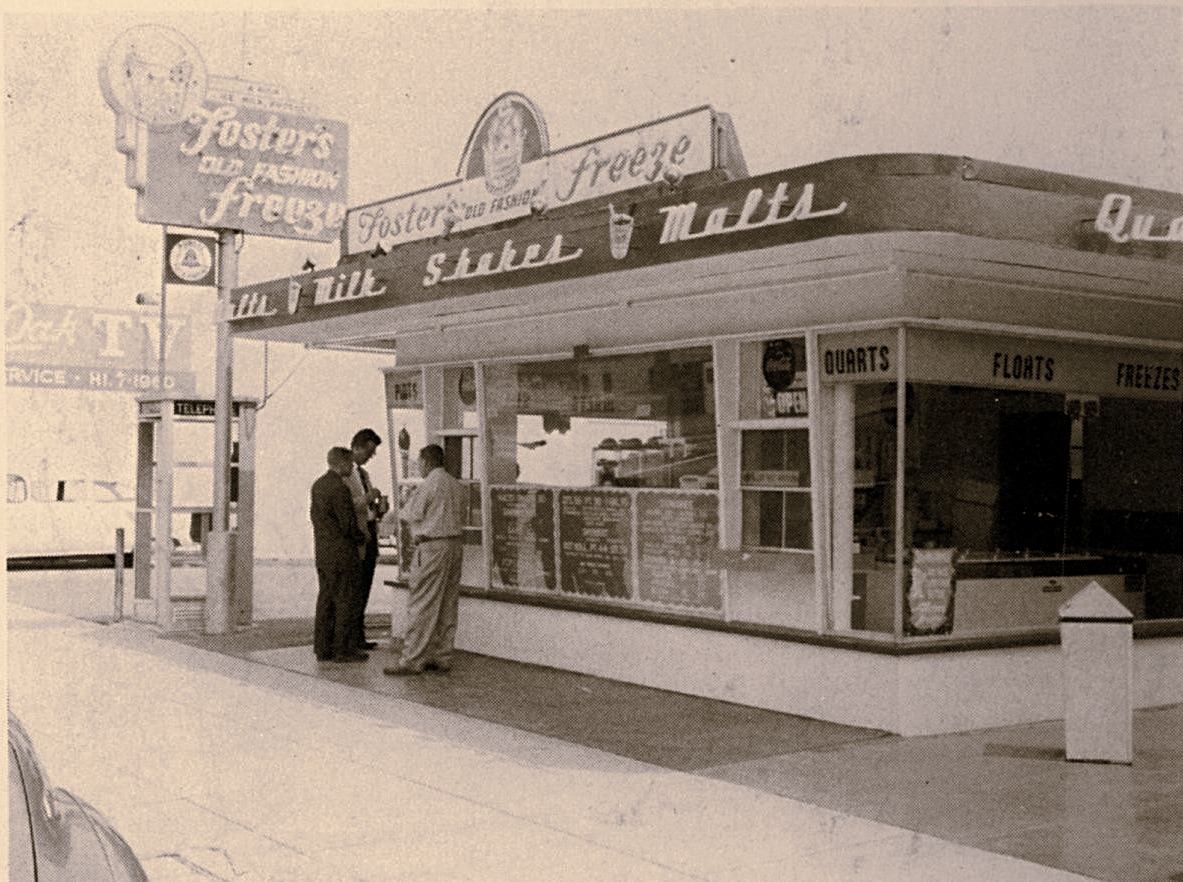 Vintage photograph of the Foster's Freeze Arcadia storefront in the 1950s, featuring the classic red-and-white exterior and walk-up service windows