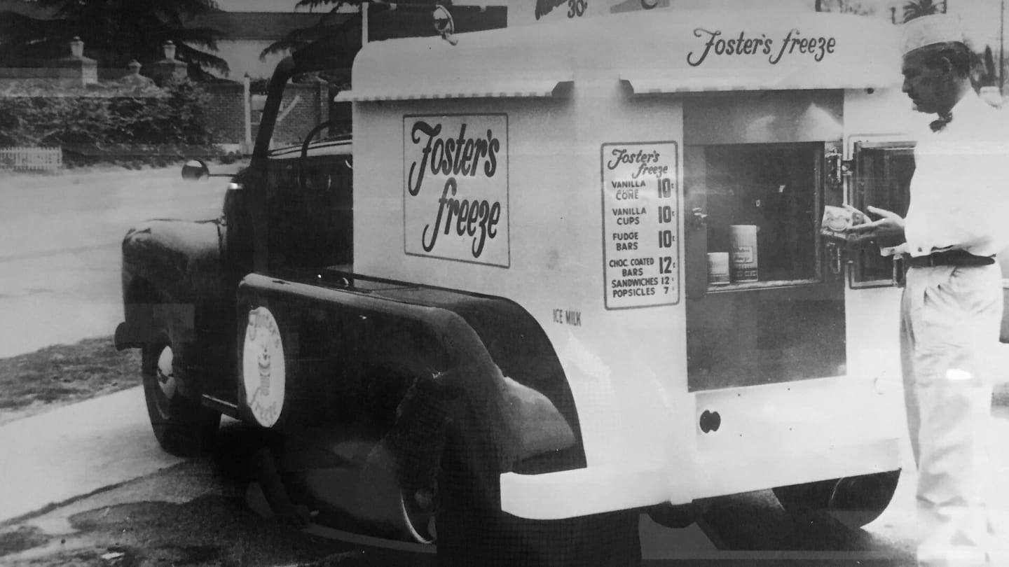 Vintage photograph of a Foster's Freeze delivery truck from the 1950s, used to bring soft-serve ice cream and food service to California communities and events