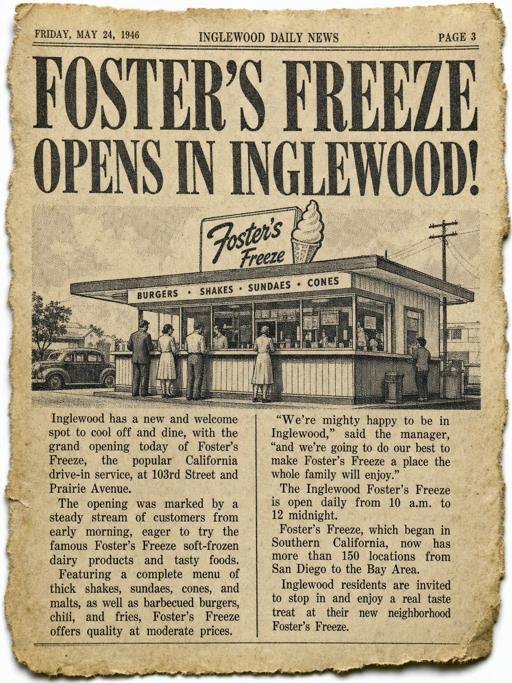 Illustrated Inglewood Daily News clipping from October 30, 1946 announcing the grand opening of Foster's Freeze at 999 South La Brea Avenue, Inglewood, CA, with a pen-and-ink illustration of the original walk-up stand