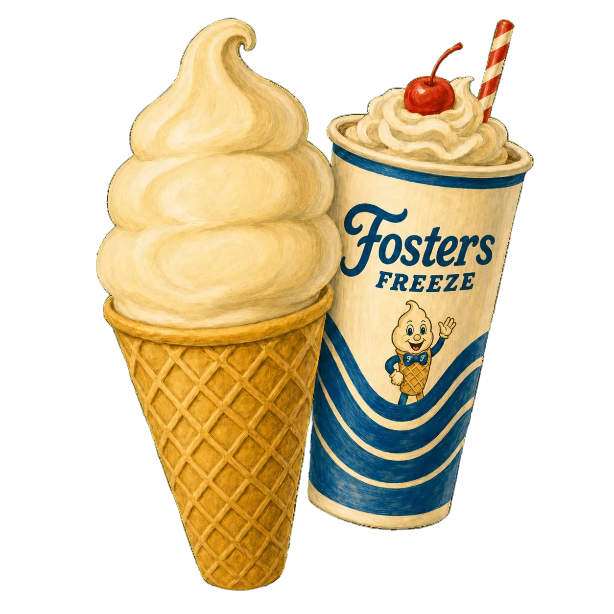 Illustrated vanilla soft-serve waffle cone next to a Fosters Freeze swirl cup with whipped cream and a cherry.