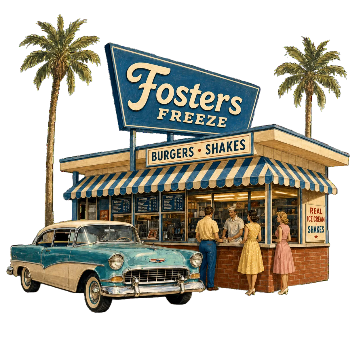 Vintage 1950s Fosters Freeze drive-in storefront with palm trees and a classic teal Chevy parked out front.