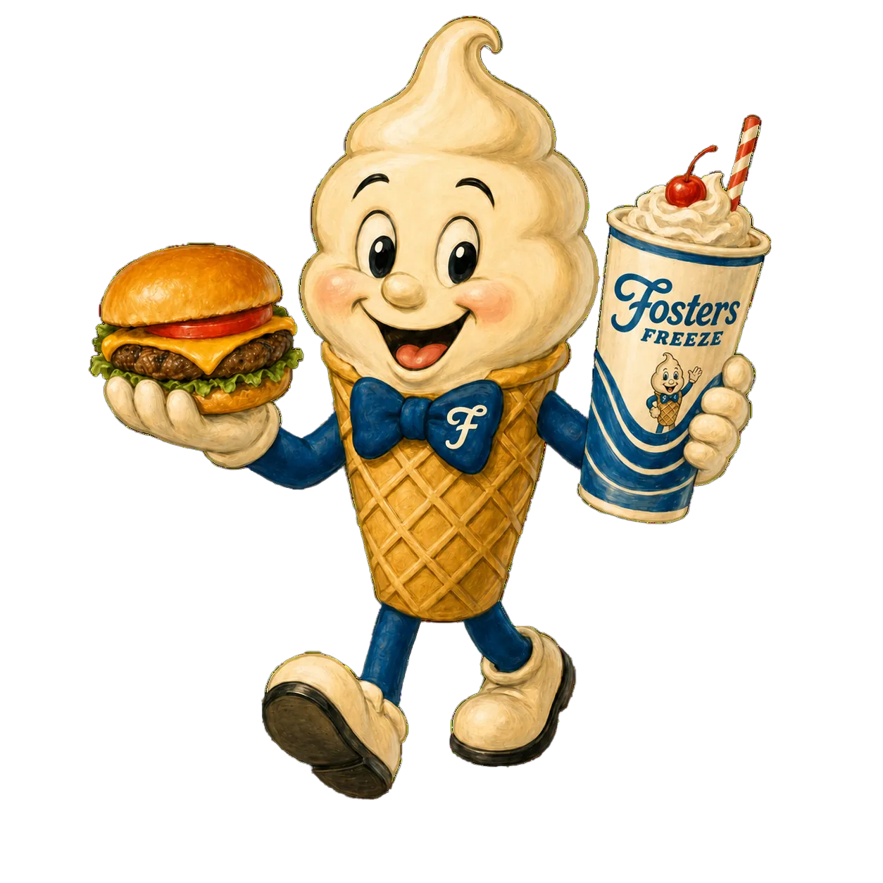 Fosters Freeze ice-cream cone mascot with a blue bowtie holding a cheeseburger and a Fosters Freeze swirl cup.