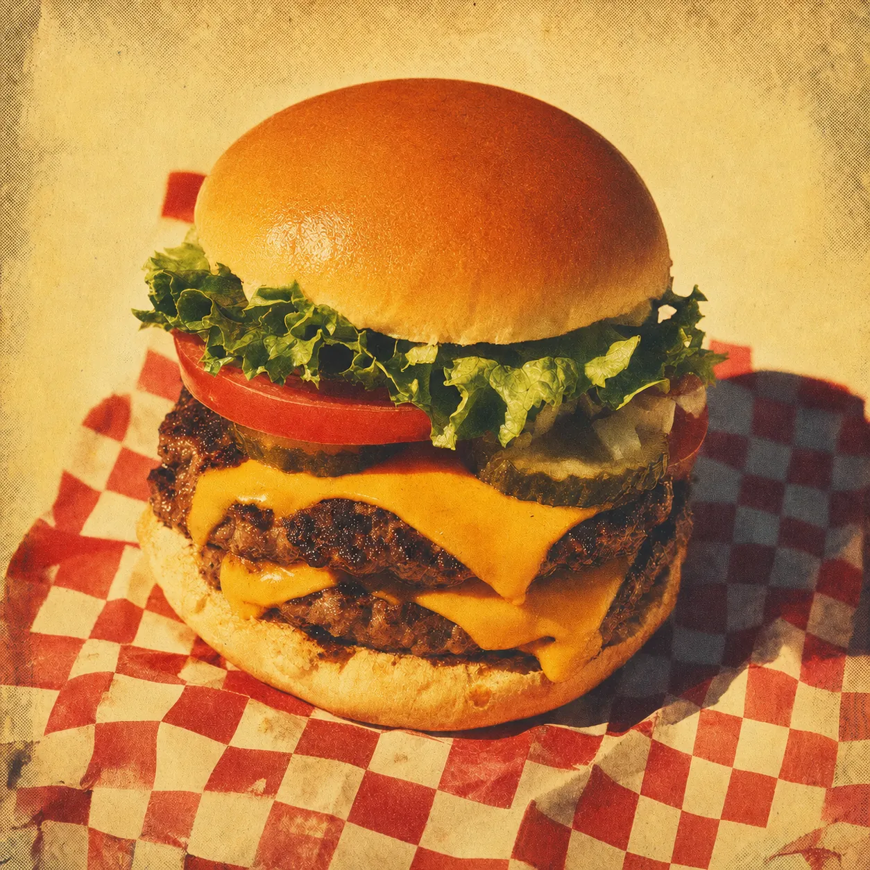 Illustrated Fosters Freeze cheeseburger with cheese, tomato, lettuce and onion.